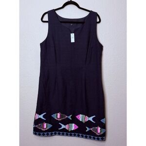 NWT'S Talbots SZ 16 Navy BlueTwill Sequin Fish Embroidered Dress Beach Coastal